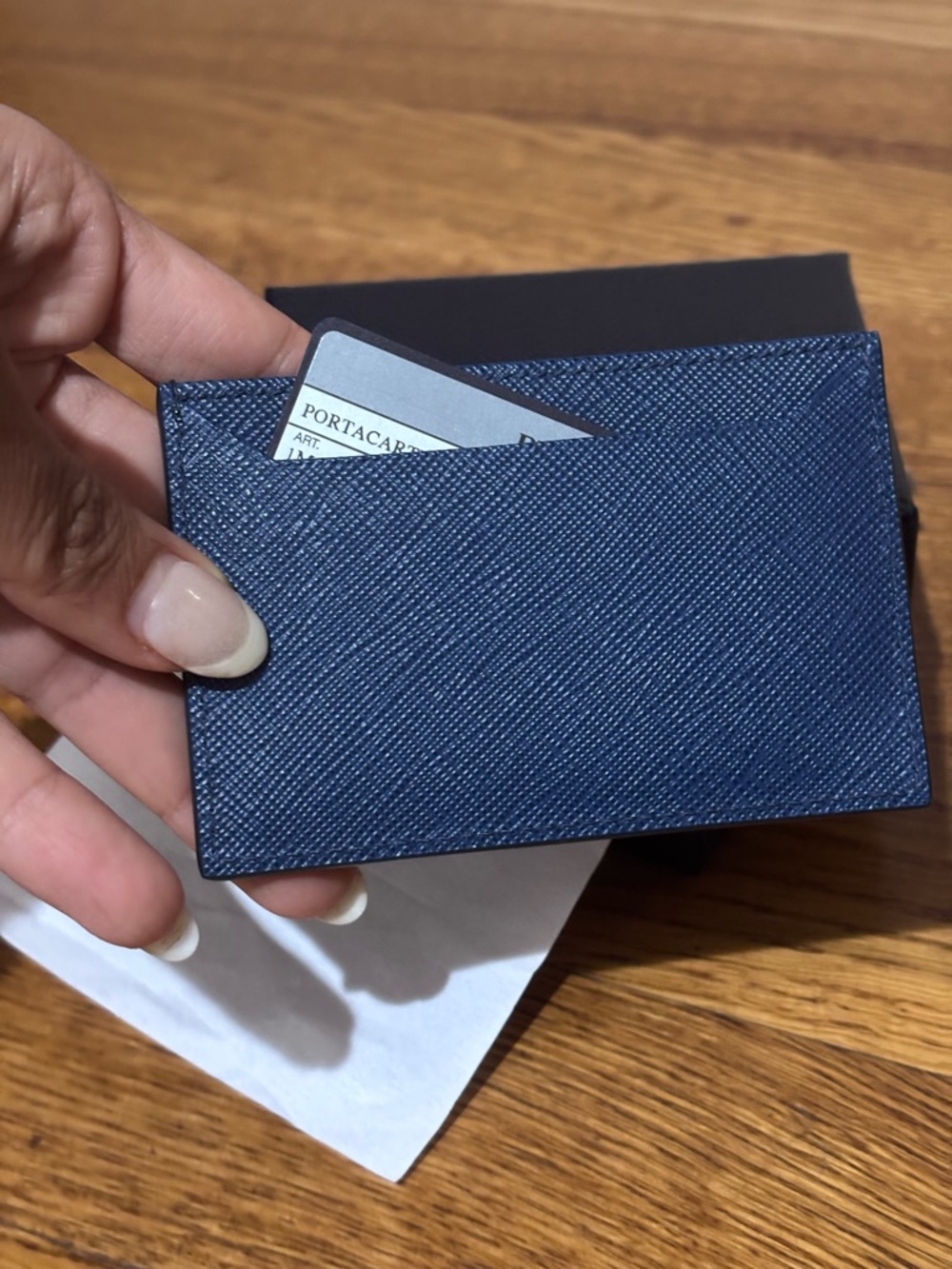 Prada Navy Bluette Saffiano Card Holder Case with Gold Triangle Logo - Picture 2 of 5